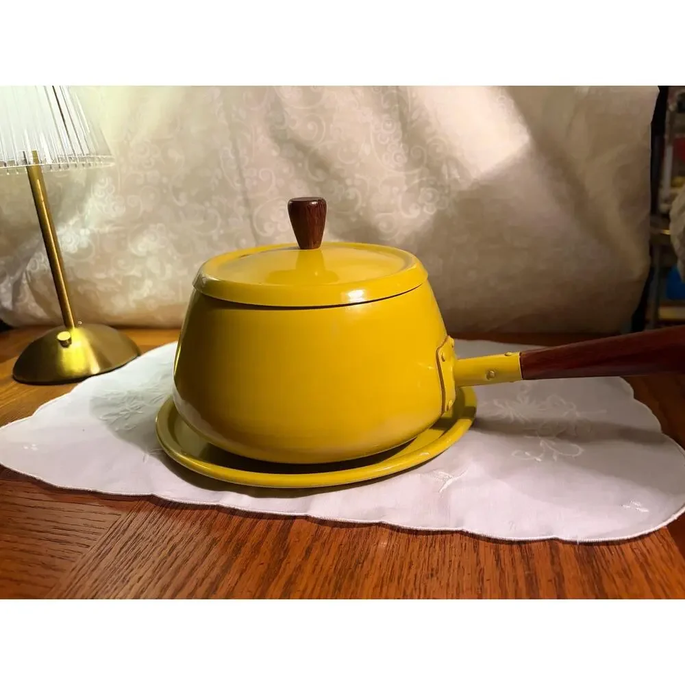 Vintage 1970s Mustard Yellow Enamel Fondue Pot with wood handle and drip tray